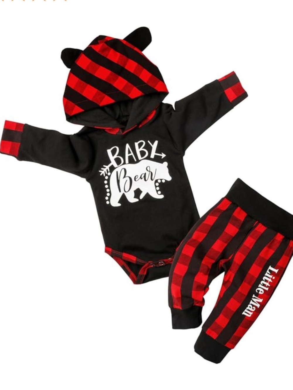 Baby Bear/Little Man Hooded Bodysuit & Plaid Pants Set - Black & Red, Newborn